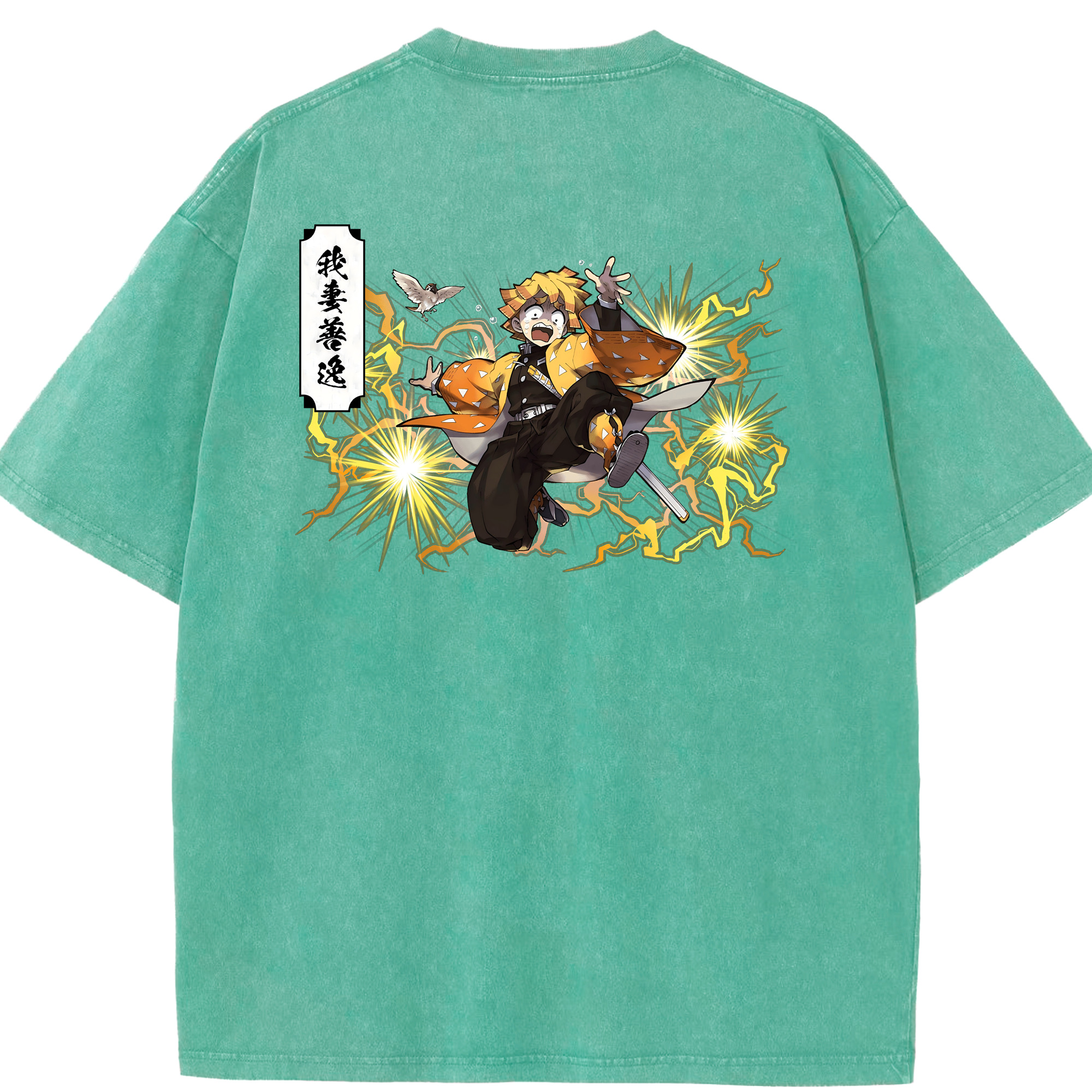 （画像用） 鬼滅の刃（きめつのやいば）我妻 善逸／あがつま ぜんいつ Agatsuma Zenitsu 綿100% ヴィンテージ風 半袖Tシャツ（背面プリント）